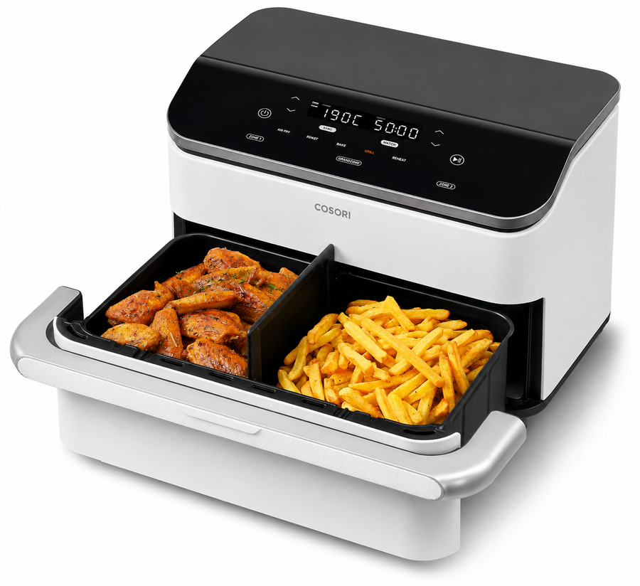 COSORI TwinFry 10 L Dual Zone Heißluftfritteuse mit geöffnetem Korb, Hähnchen und Pommes